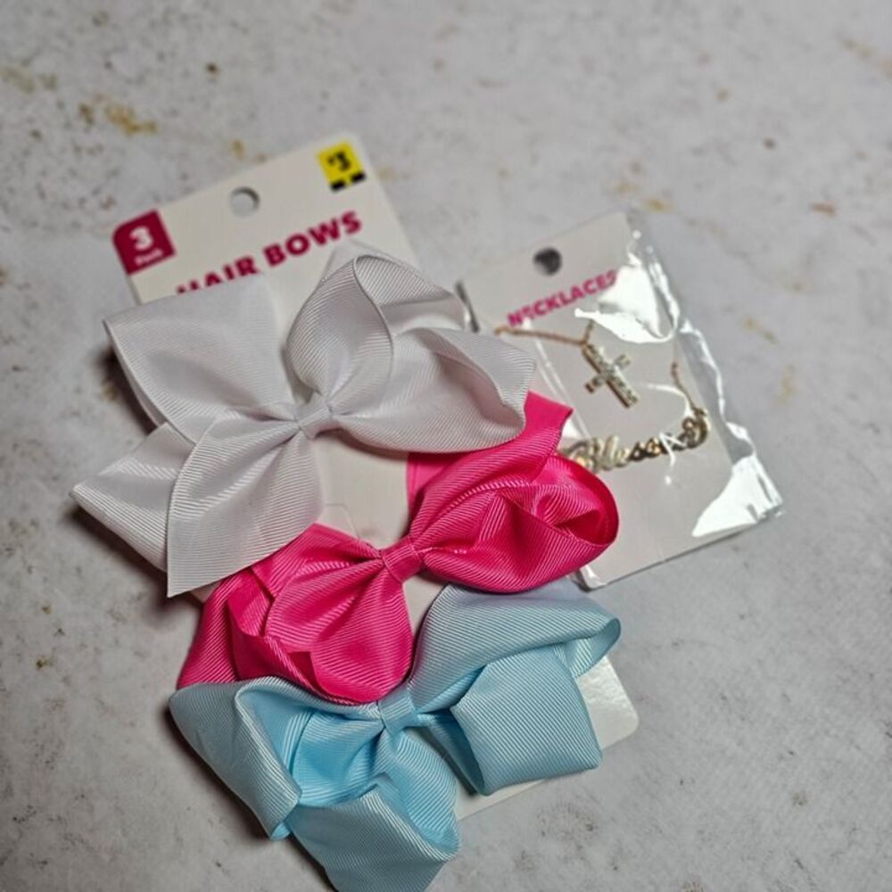 3-Pack Hair Bows (White, Pink, Blue) + “Blessed” & Rhinestone Cross Necklace Set